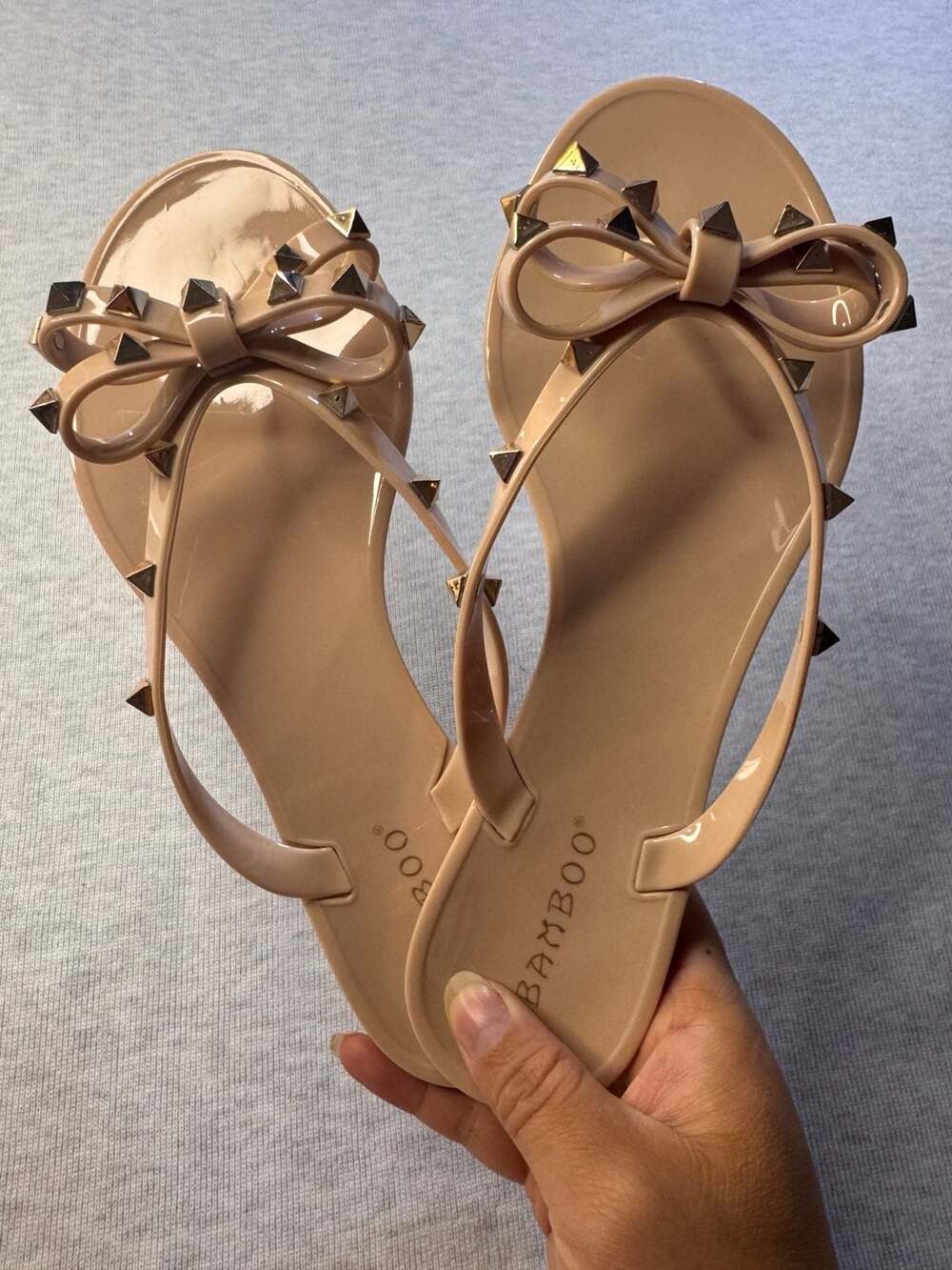 Size 10 Bamboo STUDS-01 Nude Studded Bow Jelly Thong Sandals